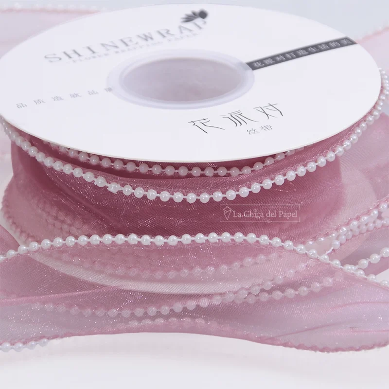 LISTON DE ORGANZA CON PERLITAS COLOR PALO DE ROSA